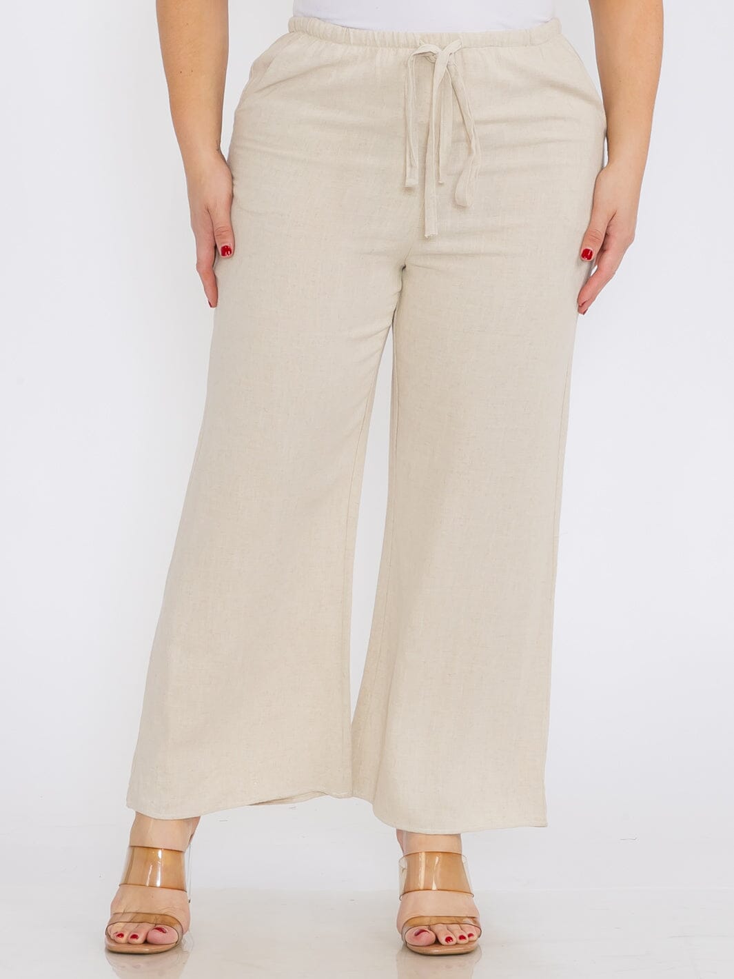 PLUS SIZE ELASTIC WAIST FRONT POCKETS WIDE LEG LINEN PANTS