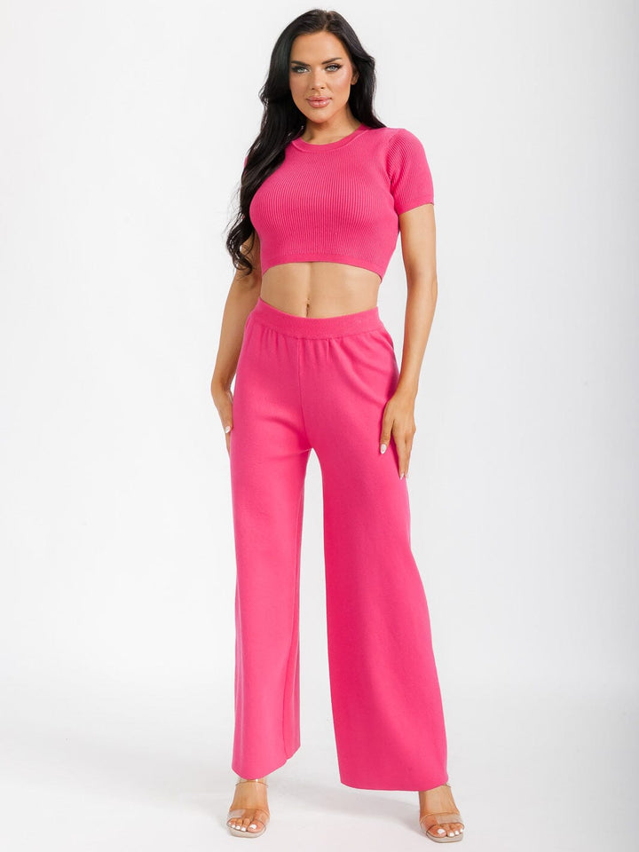 WOMEN'S SHORT SLEEVE CROP TOP & ELASTIC WAIST PANTS RIBBED 2PC. SET