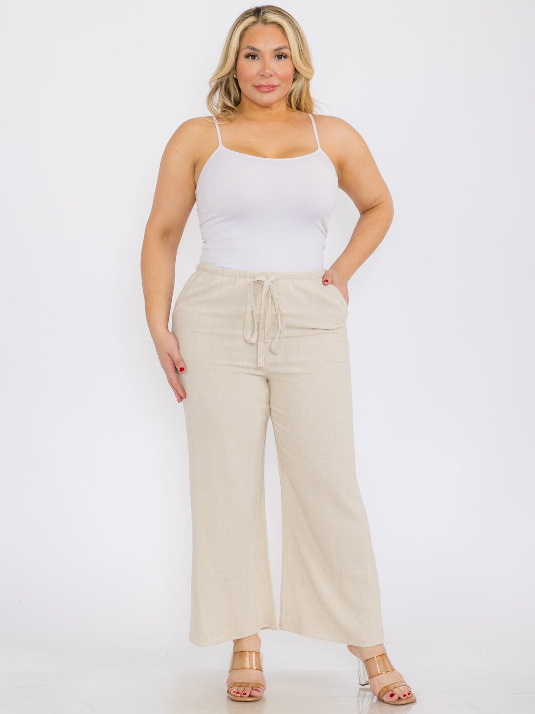 PLUS SIZE ELASTIC WAIST FRONT POCKETS WIDE LEG LINEN PANTS