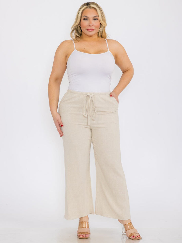 PLUS SIZE ELASTIC WAIST FRONT POCKETS WIDE LEG LINEN PANTS