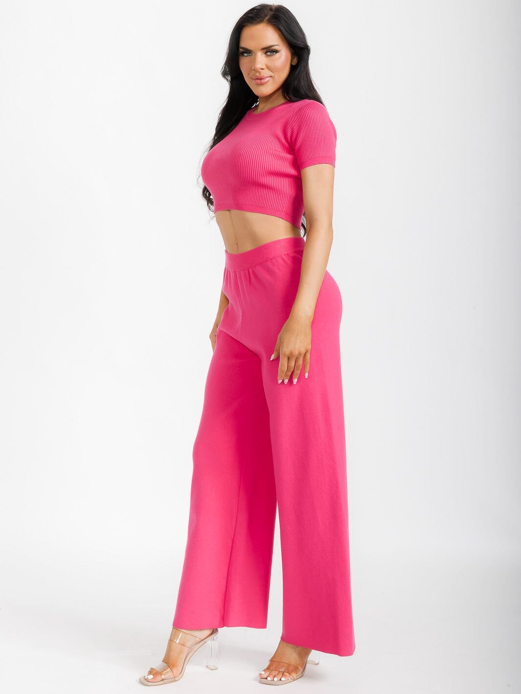 WOMEN'S SHORT SLEEVE CROP TOP & ELASTIC WAIST PANTS RIBBED 2PC. SET