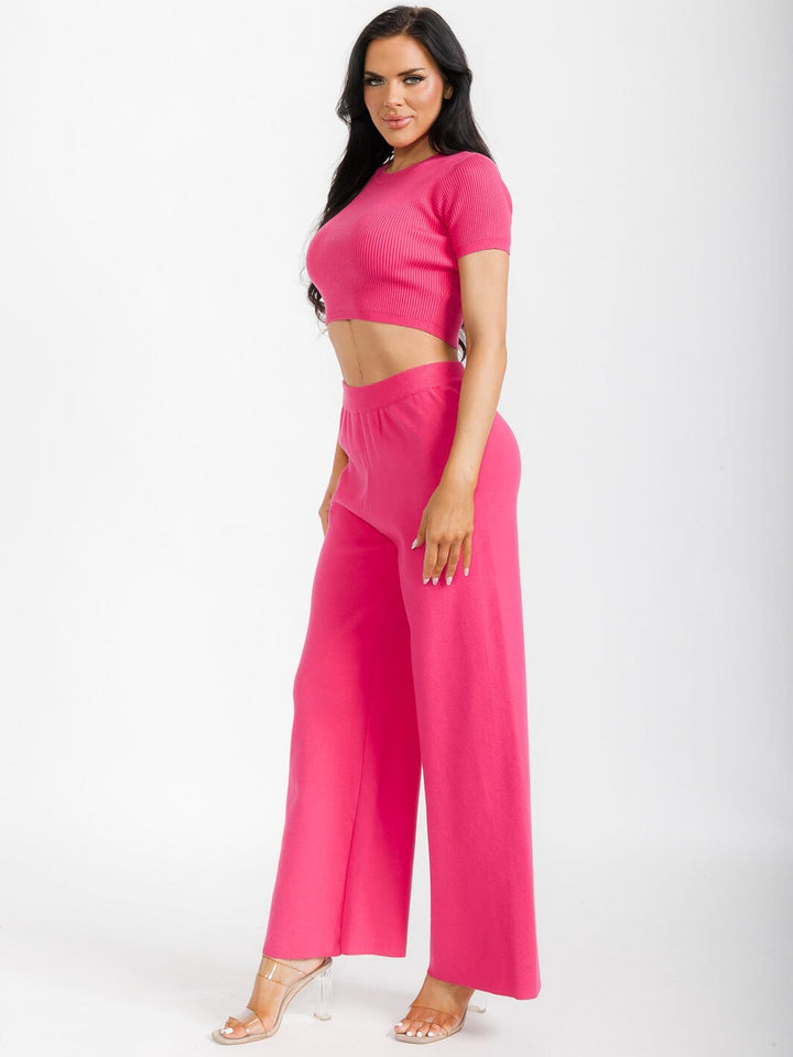 WOMEN'S SHORT SLEEVE CROP TOP & ELASTIC WAIST PANTS RIBBED 2PC. SET