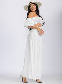 WOMEN'S OFF SHOULDER CROP TOP & ZIP UP PANTS RUFFLE 2PC. SET