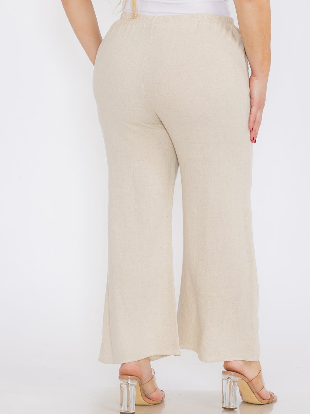 PLUS SIZE ELASTIC WAIST FRONT POCKETS WIDE LEG LINEN PANTS