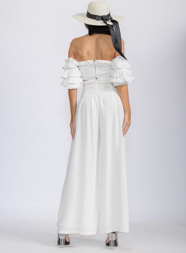 WOMEN'S OFF SHOULDER CROP TOP & ZIP UP PANTS RUFFLE 2PC. SET