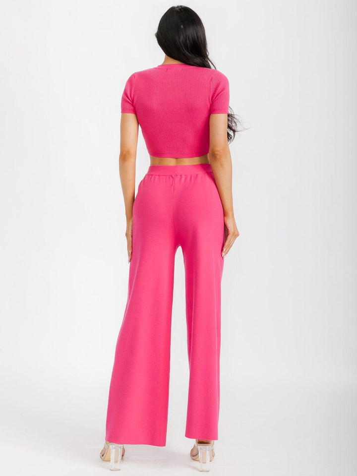 WOMEN'S SHORT SLEEVE CROP TOP & ELASTIC WAIST PANTS RIBBED 2PC. SET