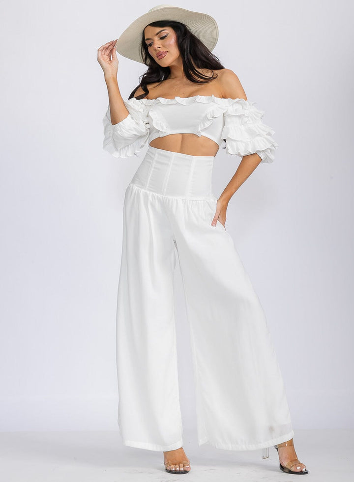 WOMEN'S OFF SHOULDER CROP TOP & ZIP UP PANTS RUFFLE 2PC. SET