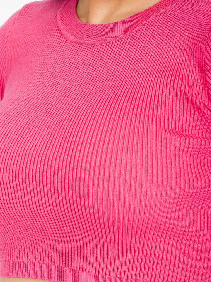 WOMEN'S SHORT SLEEVE CROP TOP & ELASTIC WAIST PANTS RIBBED 2PC. SET