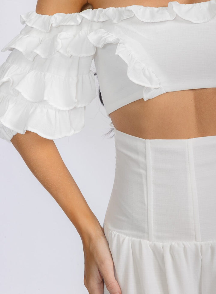 WOMEN'S OFF SHOULDER CROP TOP & ZIP UP PANTS RUFFLE 2PC. SET