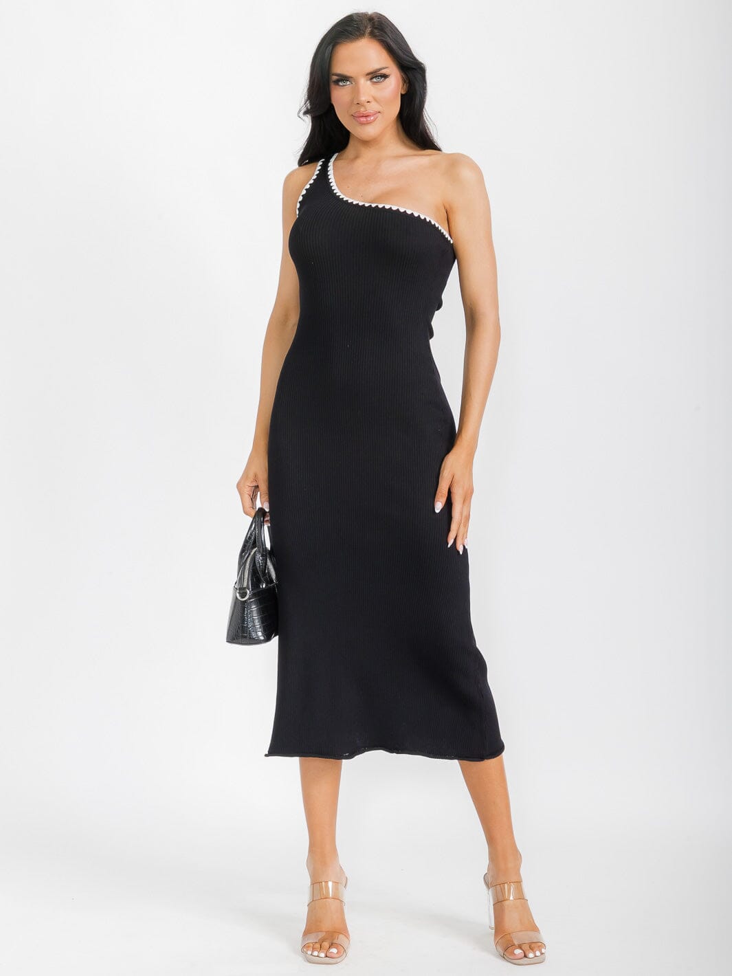 WOMEN'S SLEEVELESS ONE SHOULDER TRIM DETAILED RIBBED MIDI DRESS
