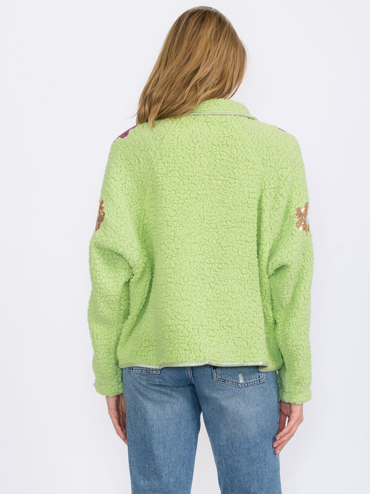 WOMEN'S LONG SLEEVES BUTTON CLOSURE FLOWERS DETAILED SHERPA SWEATER