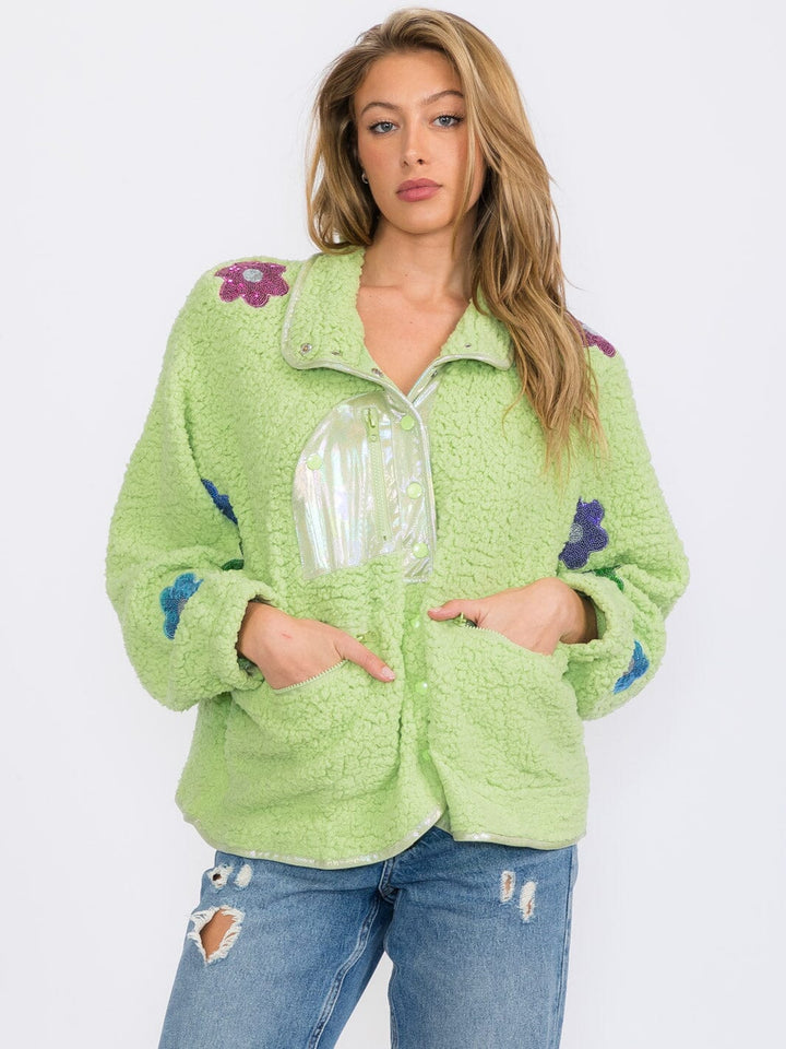 WOMEN'S LONG SLEEVES BUTTON CLOSURE FLOWERS DETAILED SHERPA SWEATER
