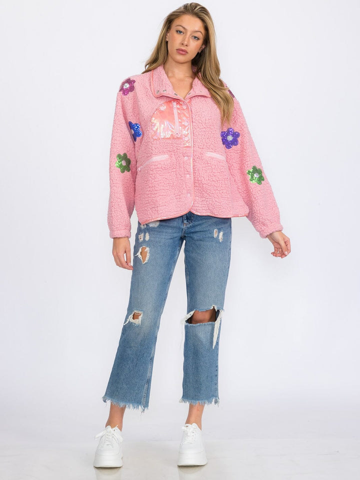 WOMEN'S LONG SLEEVES BUTTON CLOSURE FLOWERS DETAILED SHERPA SWEATER