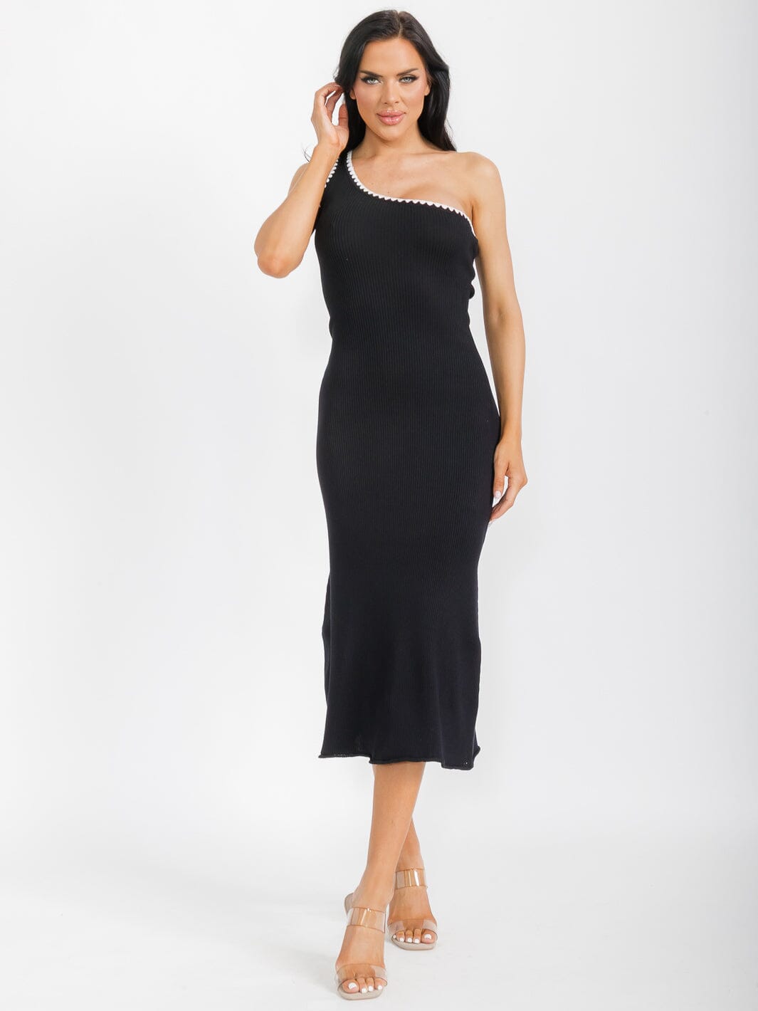 WOMEN'S SLEEVELESS ONE SHOULDER TRIM DETAILED RIBBED MIDI DRESS