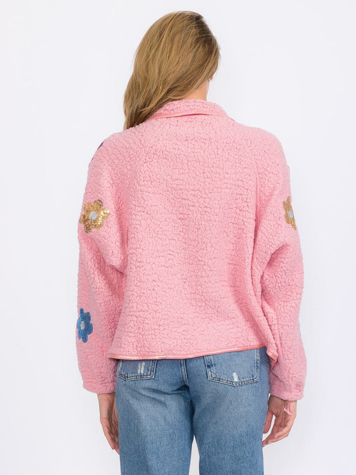 WOMEN'S LONG SLEEVES BUTTON CLOSURE FLOWERS DETAILED SHERPA SWEATER