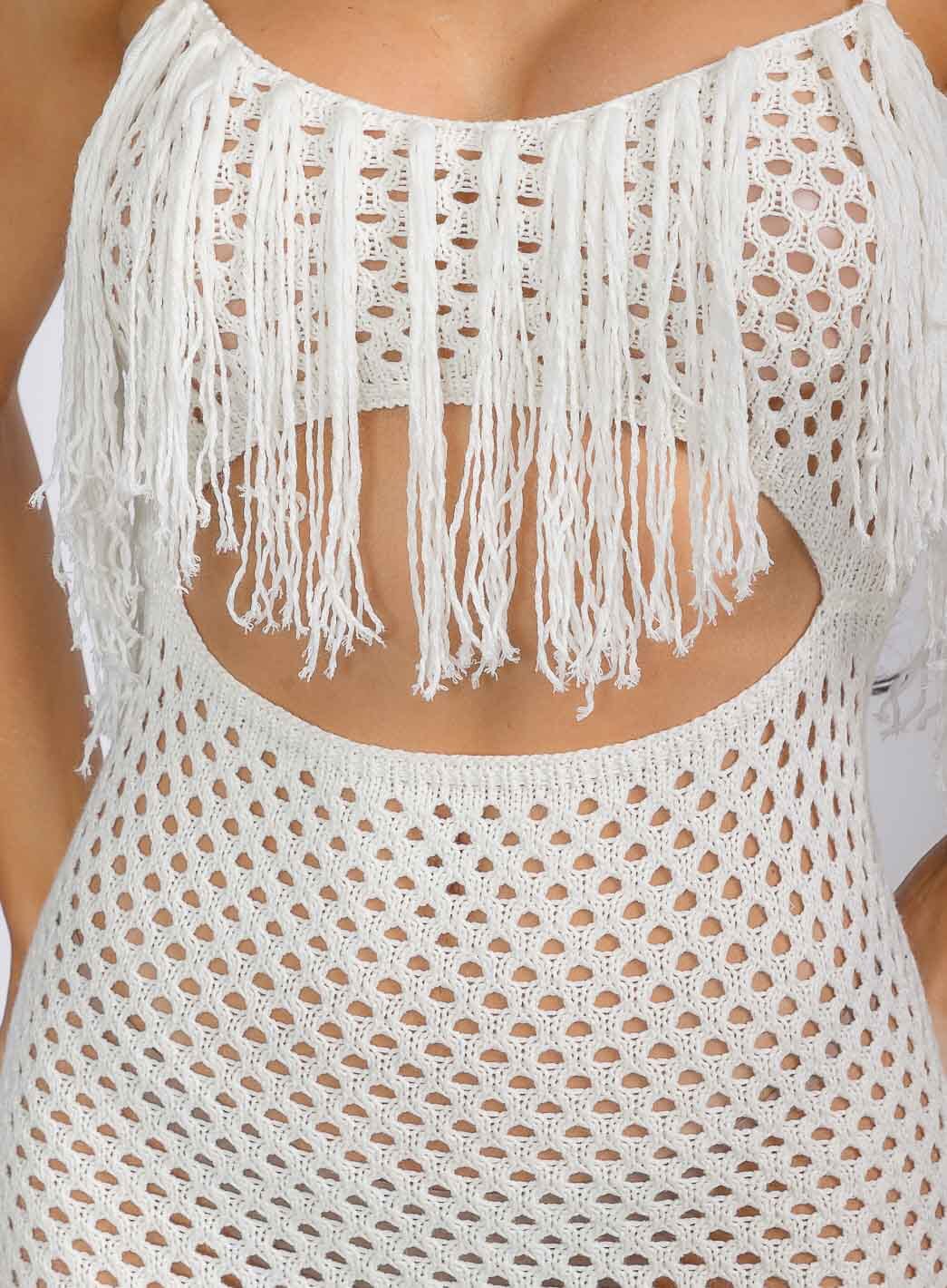 WOMEN'S SLEEVELESS CUT OUT FRINGE BODYCON KNIT MIDI DRESS