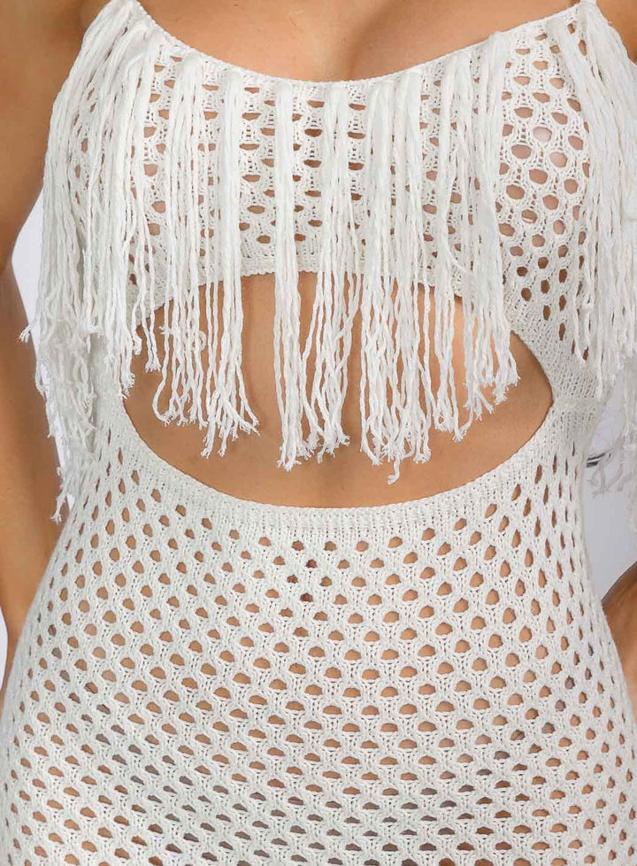 WOMEN'S SLEEVELESS CUT OUT FRINGE BODYCON KNIT MIDI DRESS