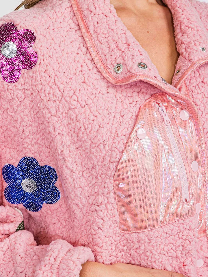 WOMEN'S LONG SLEEVES BUTTON CLOSURE FLOWERS DETAILED SHERPA SWEATER