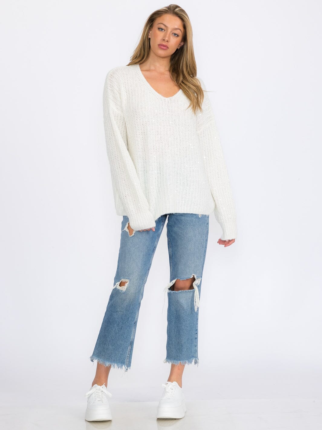 WOMEN'S LONG SLEEVE V-NECK SEQUINS PULLOVER SWEATER