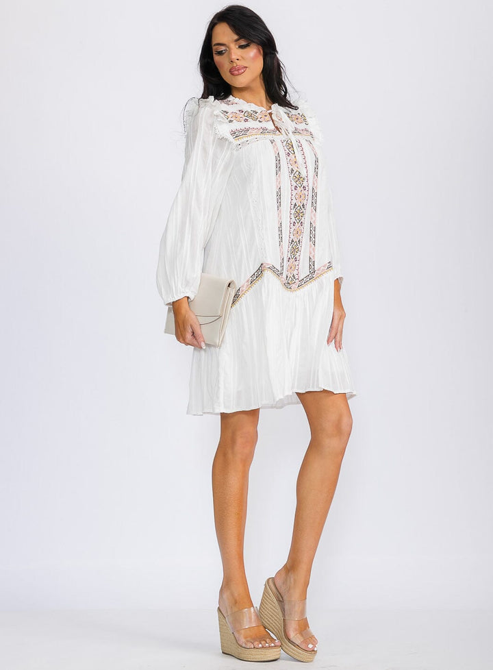 WOMEN'S LONG SLEEVE V-NECK EMBROIDERY TUNIC MINI DRESS