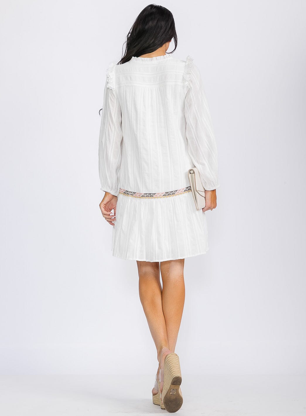 WOMEN'S LONG SLEEVE V-NECK EMBROIDERY TUNIC MINI DRESS