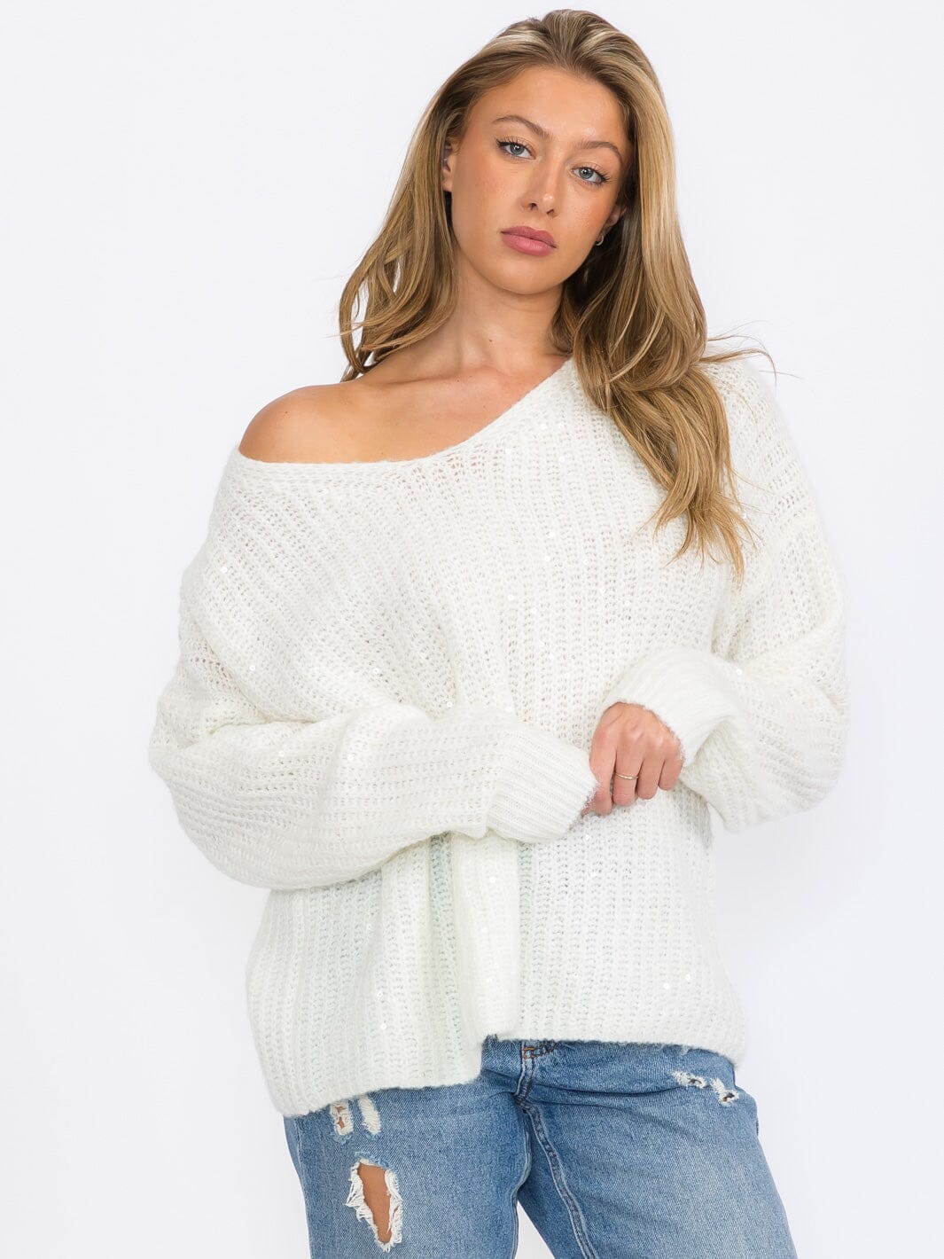 WOMEN'S LONG SLEEVE V-NECK SEQUINS PULLOVER SWEATER