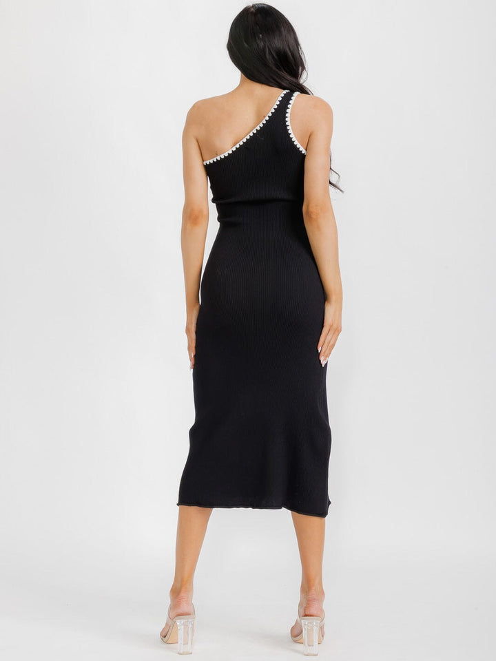 WOMEN'S SLEEVELESS ONE SHOULDER TRIM DETAILED RIBBED MIDI DRESS