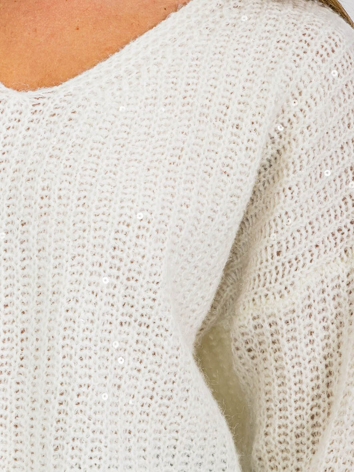 WOMEN'S LONG SLEEVE V-NECK SEQUINS PULLOVER SWEATER