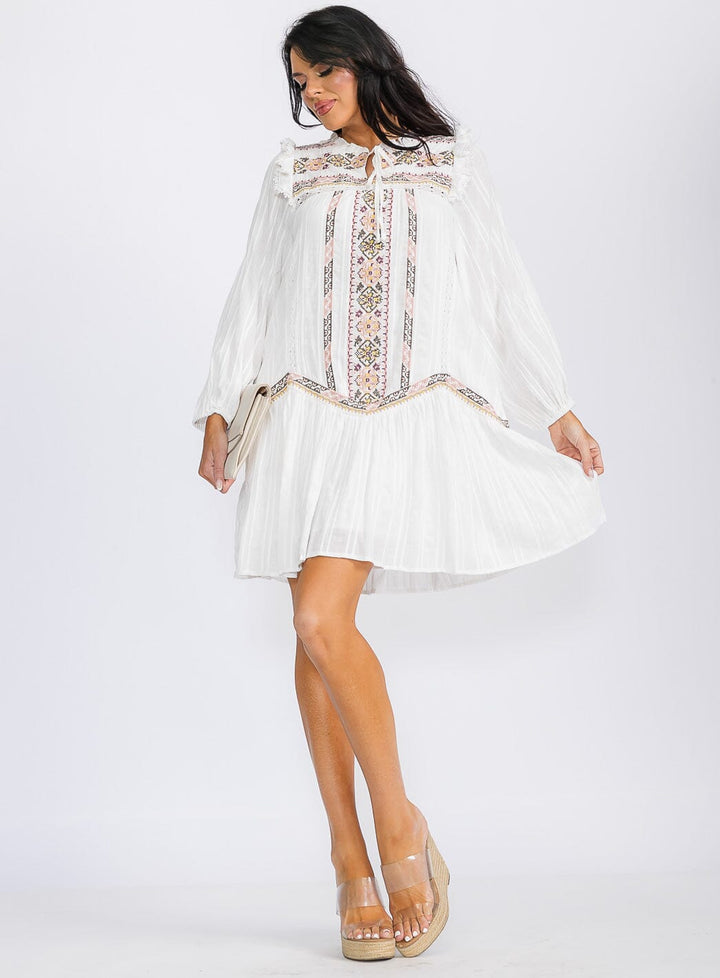 WOMEN'S LONG SLEEVE V-NECK EMBROIDERY TUNIC MINI DRESS