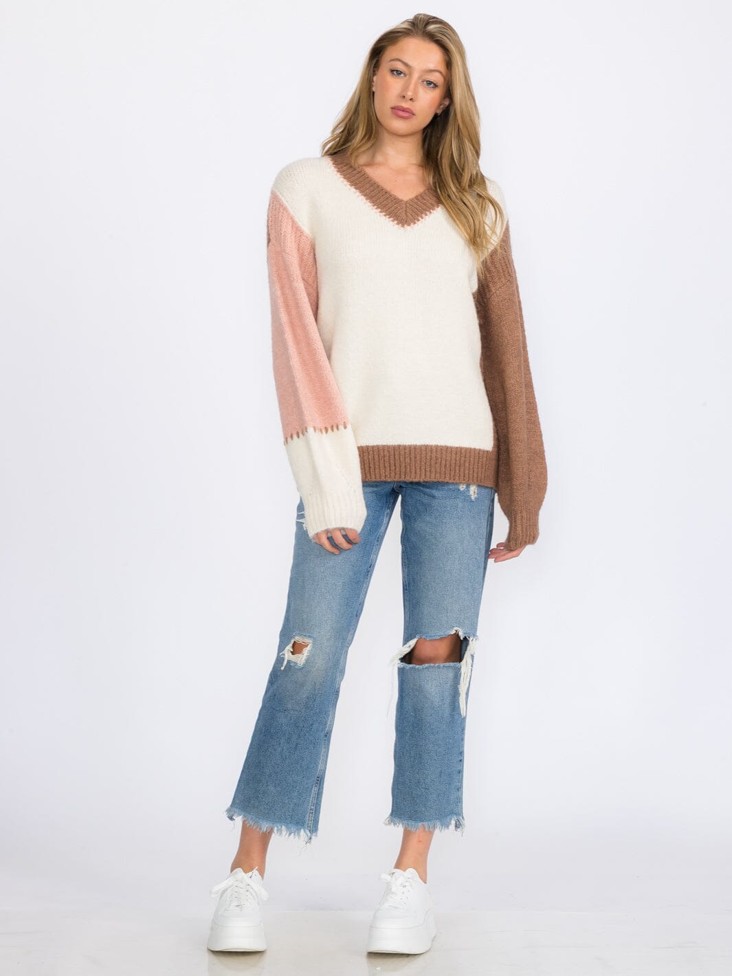 WOMEN'S LONG SLEEVE V-NECK COLORBLOCK PULLOVER SWEATER