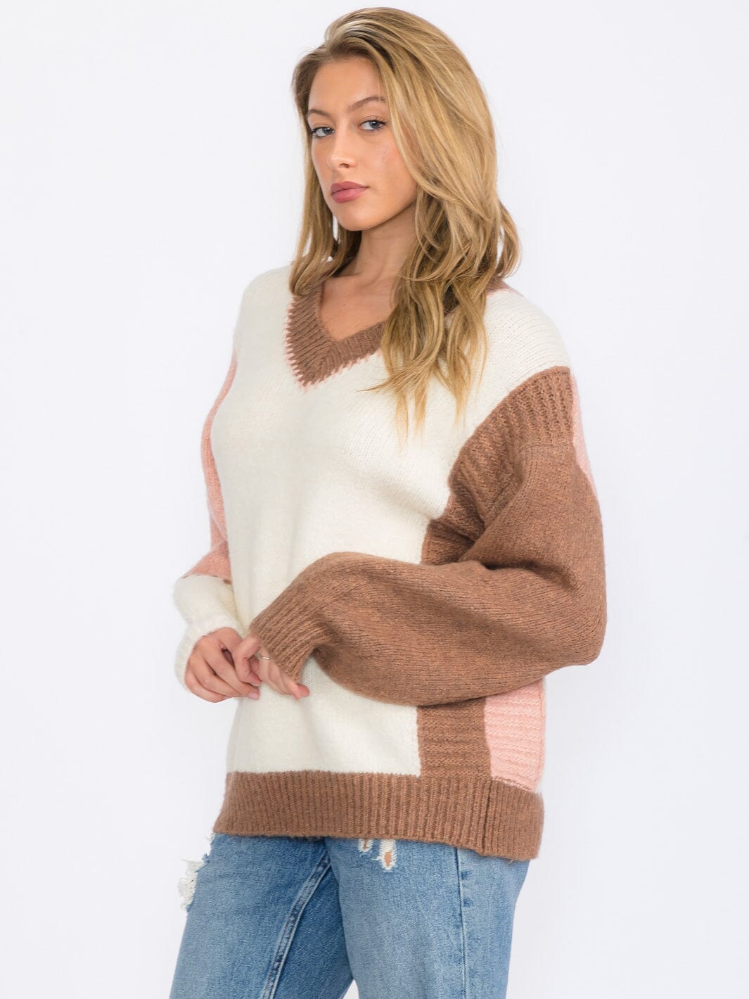 WOMEN'S LONG SLEEVE V-NECK COLORBLOCK PULLOVER SWEATER