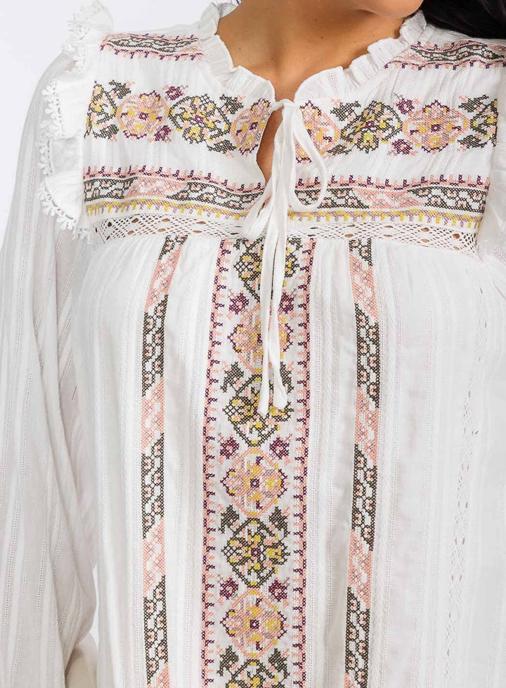 WOMEN'S LONG SLEEVE V-NECK EMBROIDERY TUNIC MINI DRESS