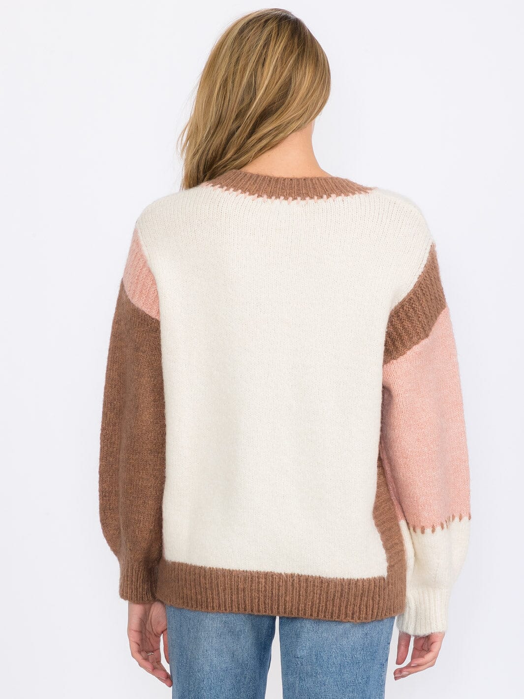 WOMEN'S LONG SLEEVE V-NECK COLORBLOCK PULLOVER SWEATER