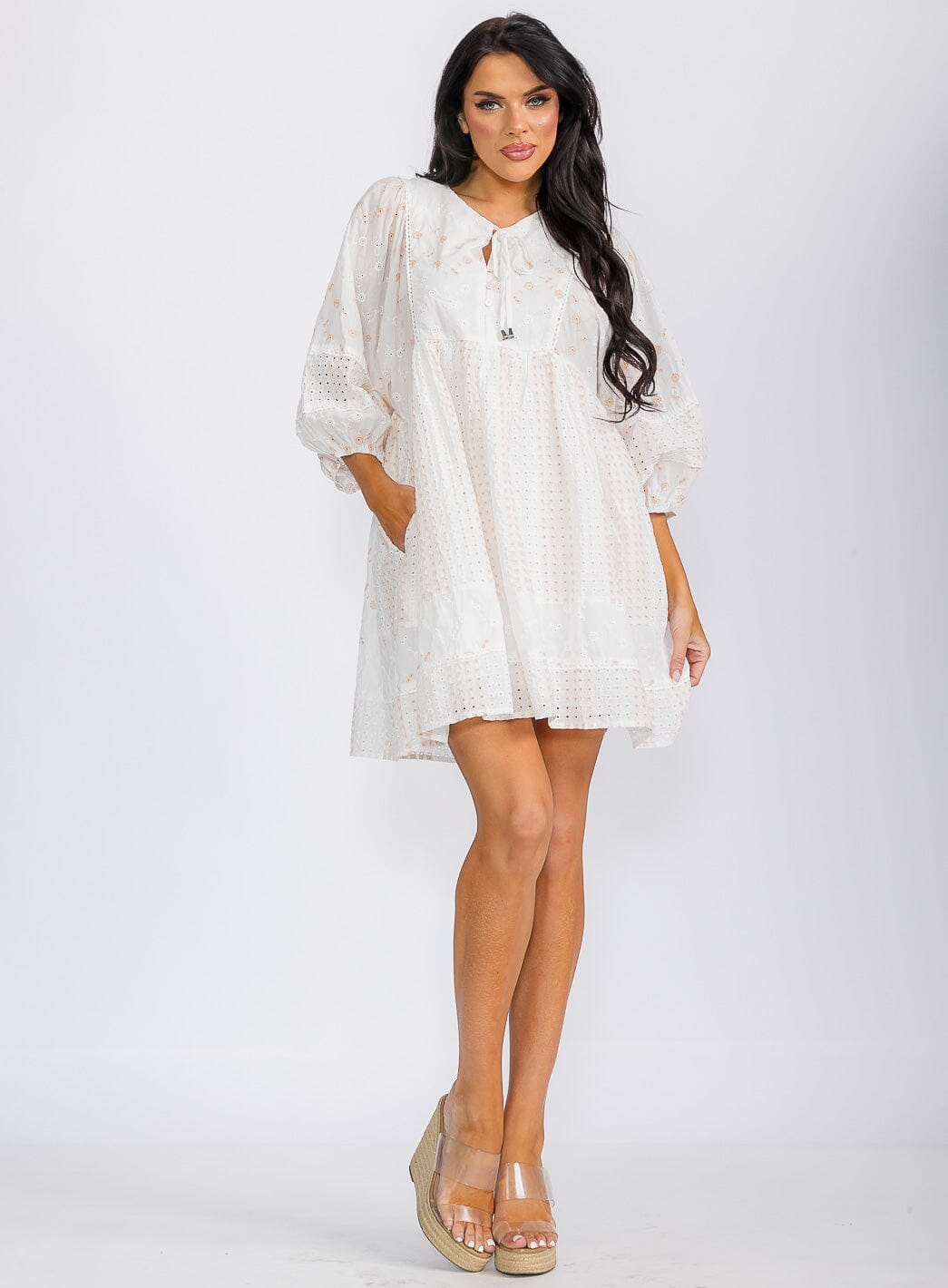 WOMEN'S 3/4 SLEEVE V-NECK FLORAL EYELET TUNIC MINI DRESS