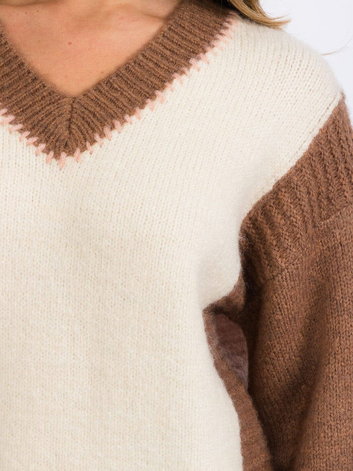 WOMEN'S LONG SLEEVE V-NECK COLORBLOCK PULLOVER SWEATER