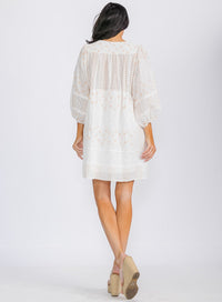 WOMEN'S 3/4 SLEEVE V-NECK FLORAL EYELET TUNIC MINI DRESS