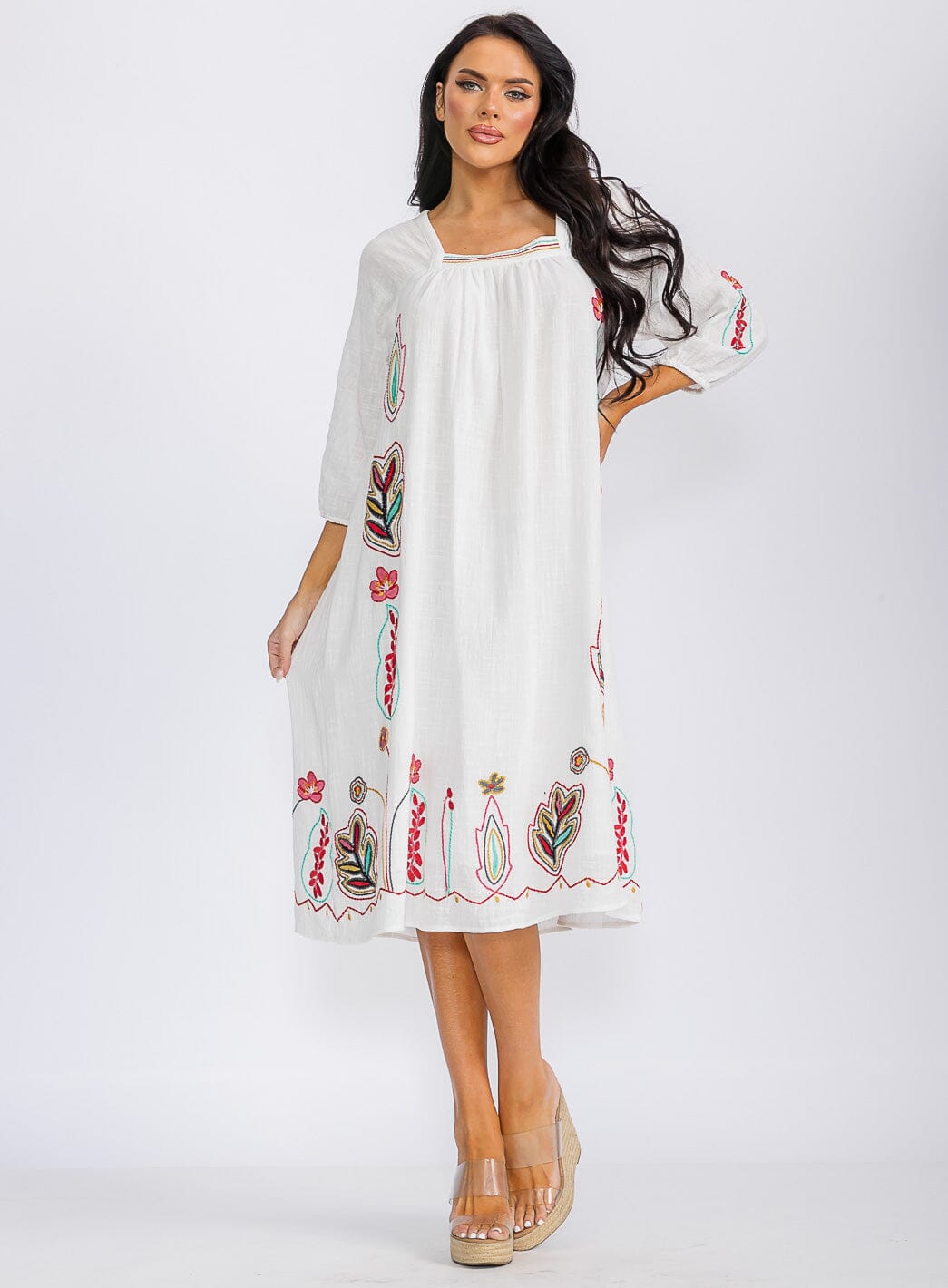 WOMEN'S 3/4 SLEEVE SQUARE NECK EMBROIDERY FLORAL TUNIC MIDI DRESS