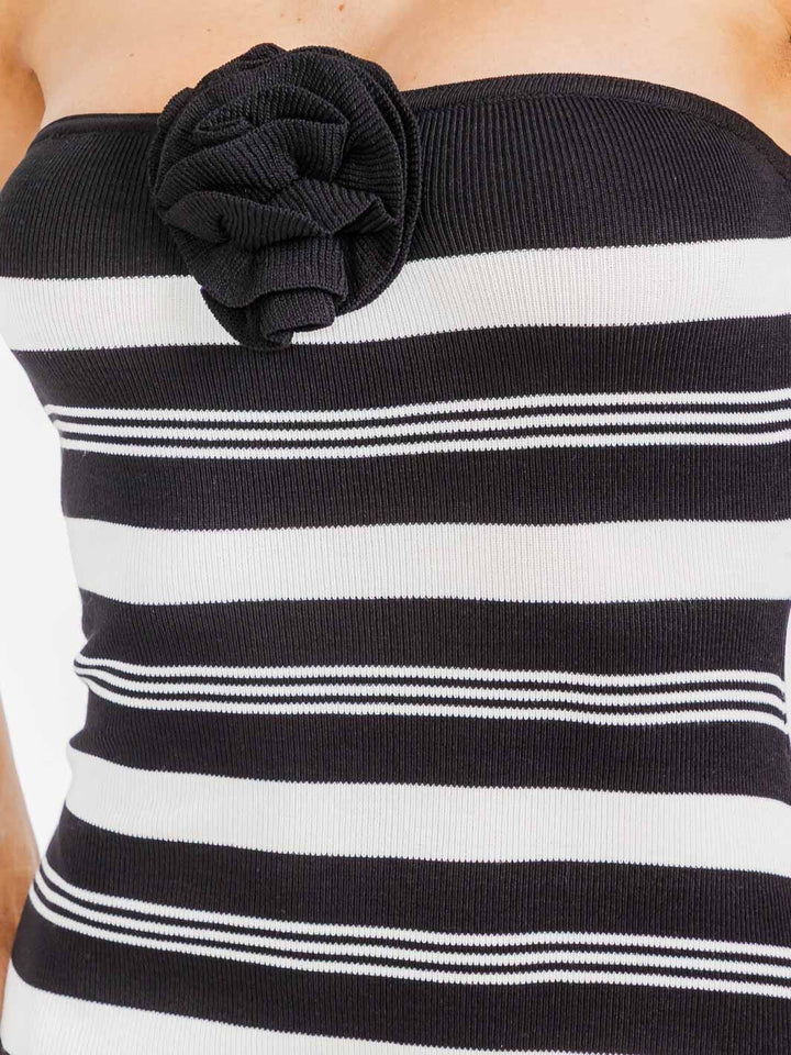 WOMEN'S SLEEVELESS FLOWER COLORBLOCK STRIPES TUBE MIDI DRESS