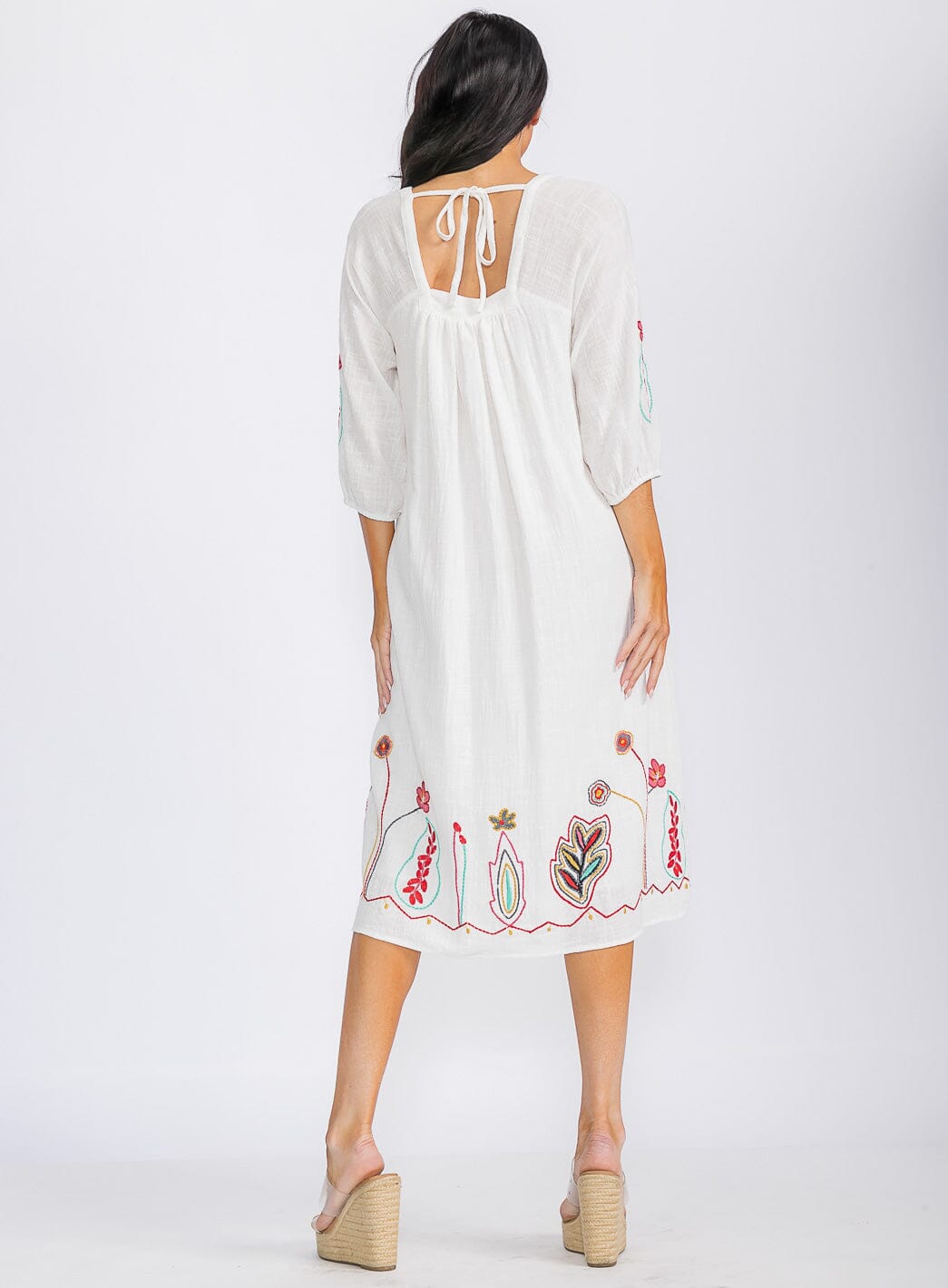 WOMEN'S 3/4 SLEEVE SQUARE NECK EMBROIDERY FLORAL TUNIC MIDI DRESS