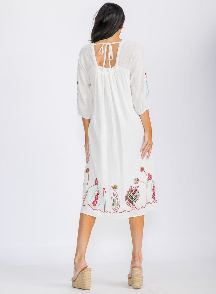 WOMEN'S 3/4 SLEEVE SQUARE NECK EMBROIDERY FLORAL TUNIC MIDI DRESS