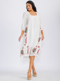 WOMEN'S 3/4 SLEEVE SQUARE NECK EMBROIDERY FLORAL TUNIC MIDI DRESS