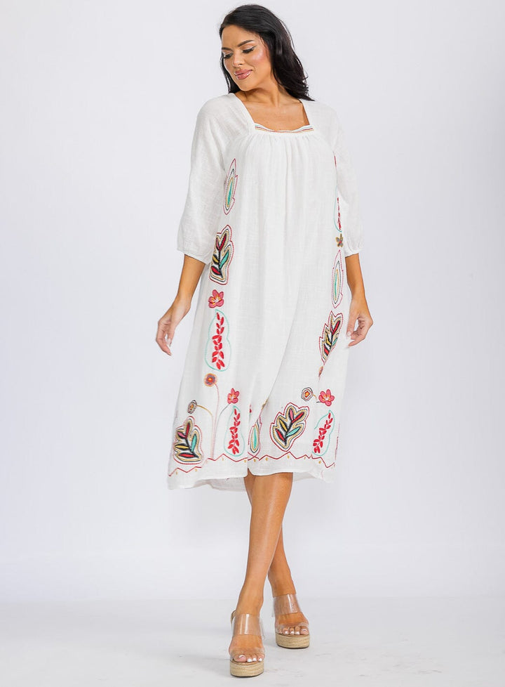 WOMEN'S 3/4 SLEEVE SQUARE NECK EMBROIDERY FLORAL TUNIC MIDI DRESS
