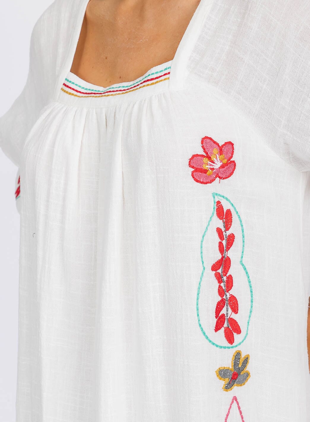 WOMEN'S 3/4 SLEEVE SQUARE NECK EMBROIDERY FLORAL TUNIC MIDI DRESS
