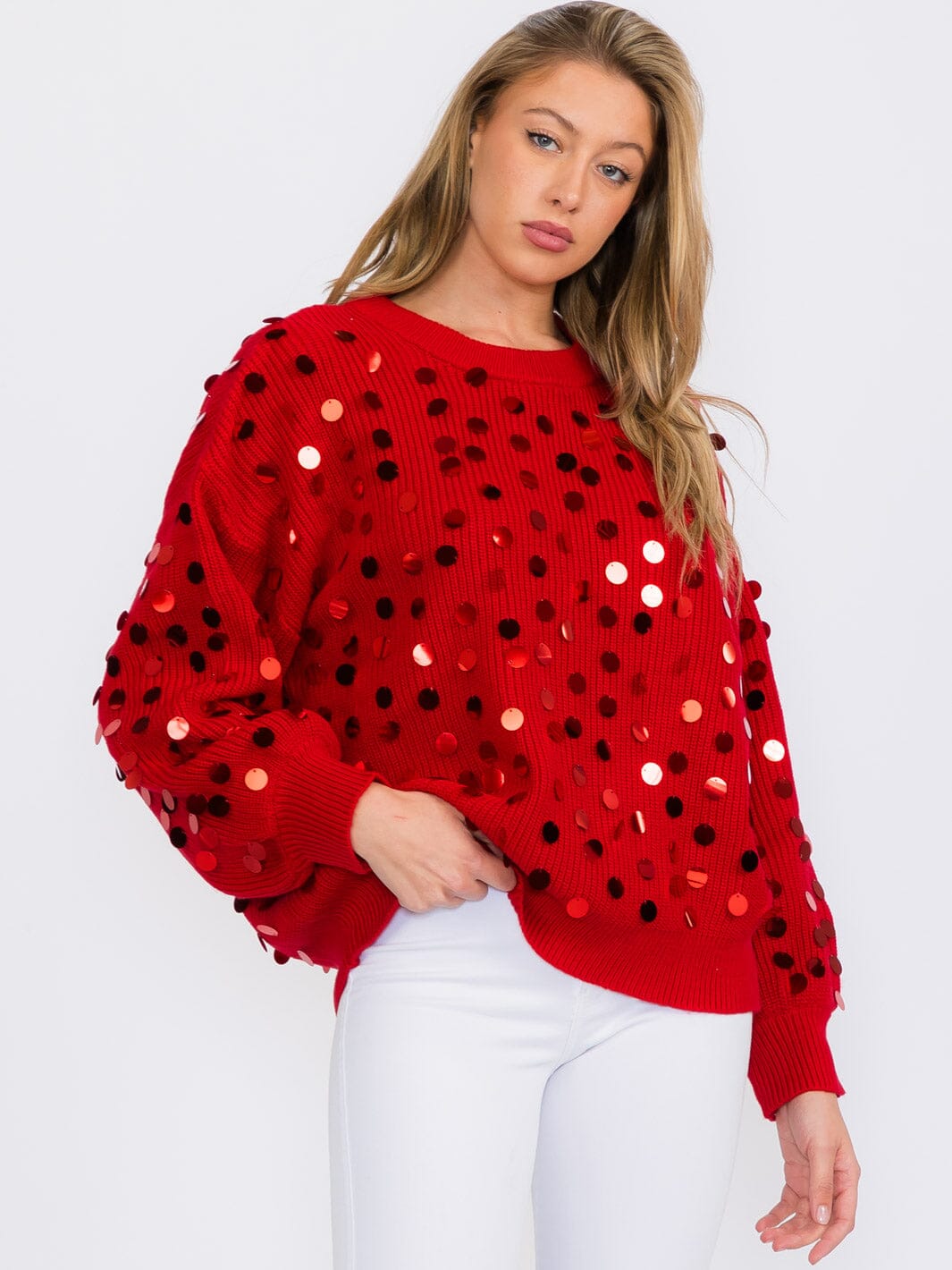WOMEN'S LONG SLEEVES PULLOVER KNIT SEQUINS SWEATER