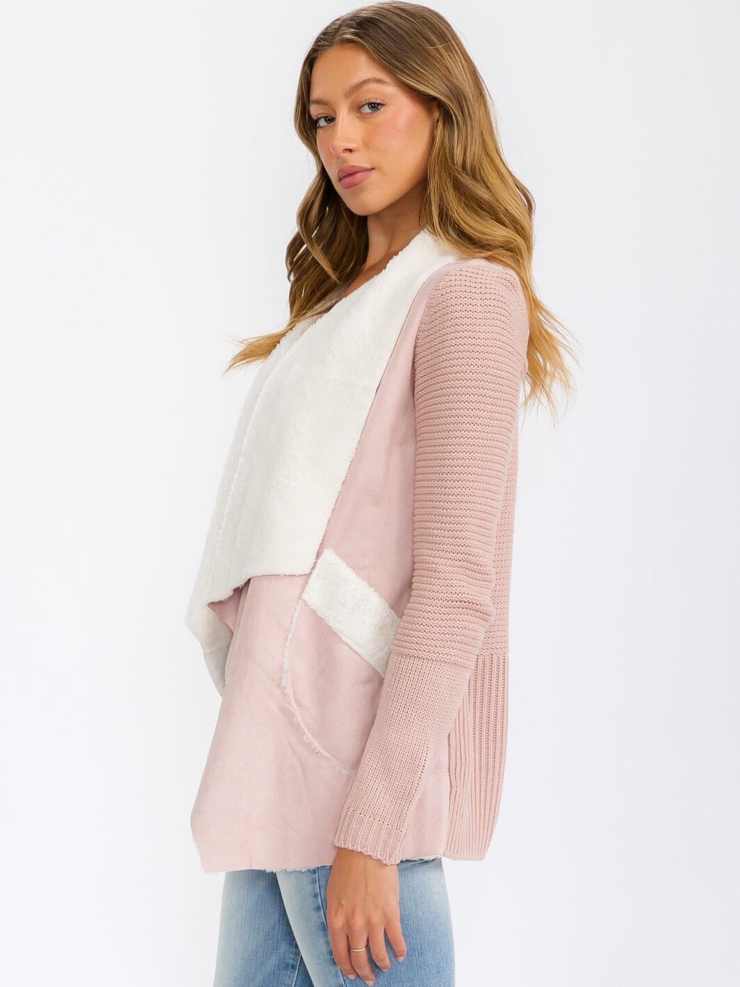 WOMEN'S LONG SLEEVE OPEN FRONT POCKETS SHERPA CARDIGAN