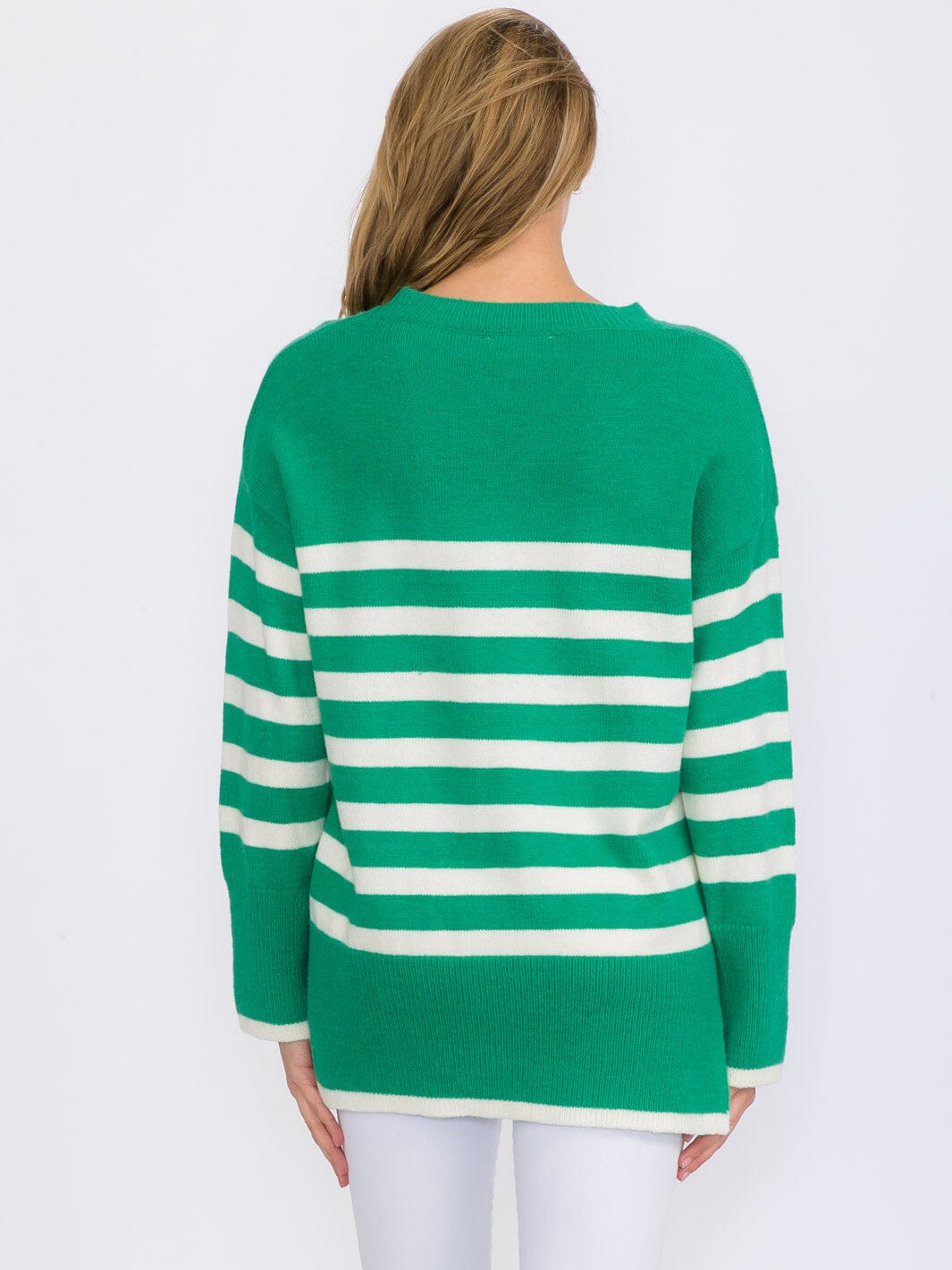 WOMEN'S LONG SLEEVE COLORBLOCK STRIPES PULLOVER SWEATER
