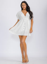 WOMEN'S SHORT SLEEVES V-NECK BUTTON UP TUNIC MINI DRESS
