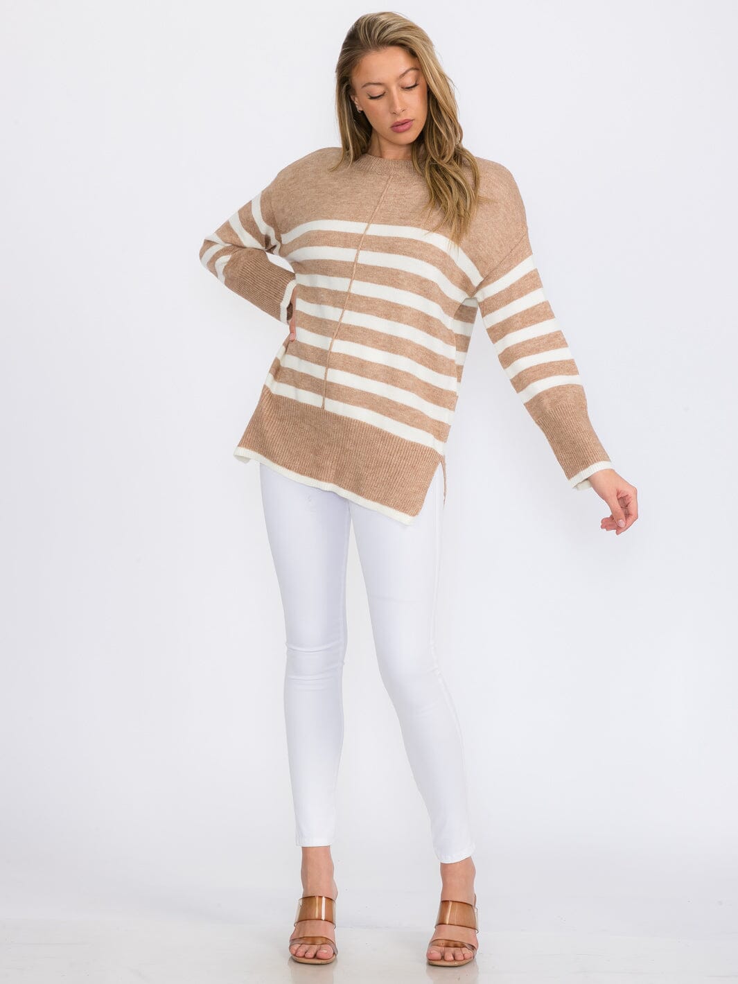WOMEN'S LONG SLEEVE COLORBLOCK STRIPES PULLOVER SWEATER