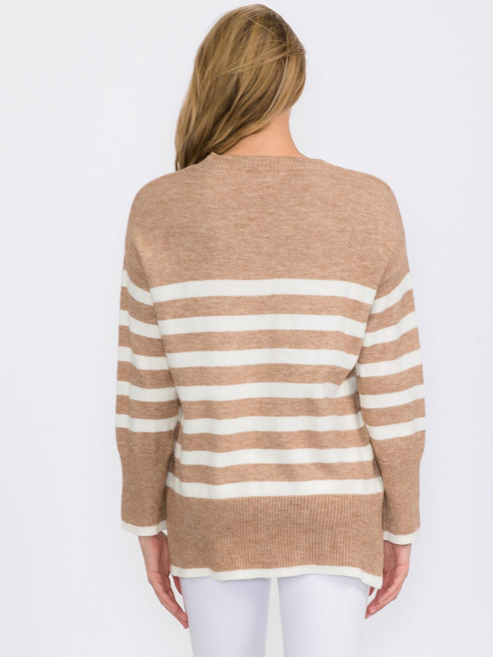 WOMEN'S LONG SLEEVE COLORBLOCK STRIPES PULLOVER SWEATER