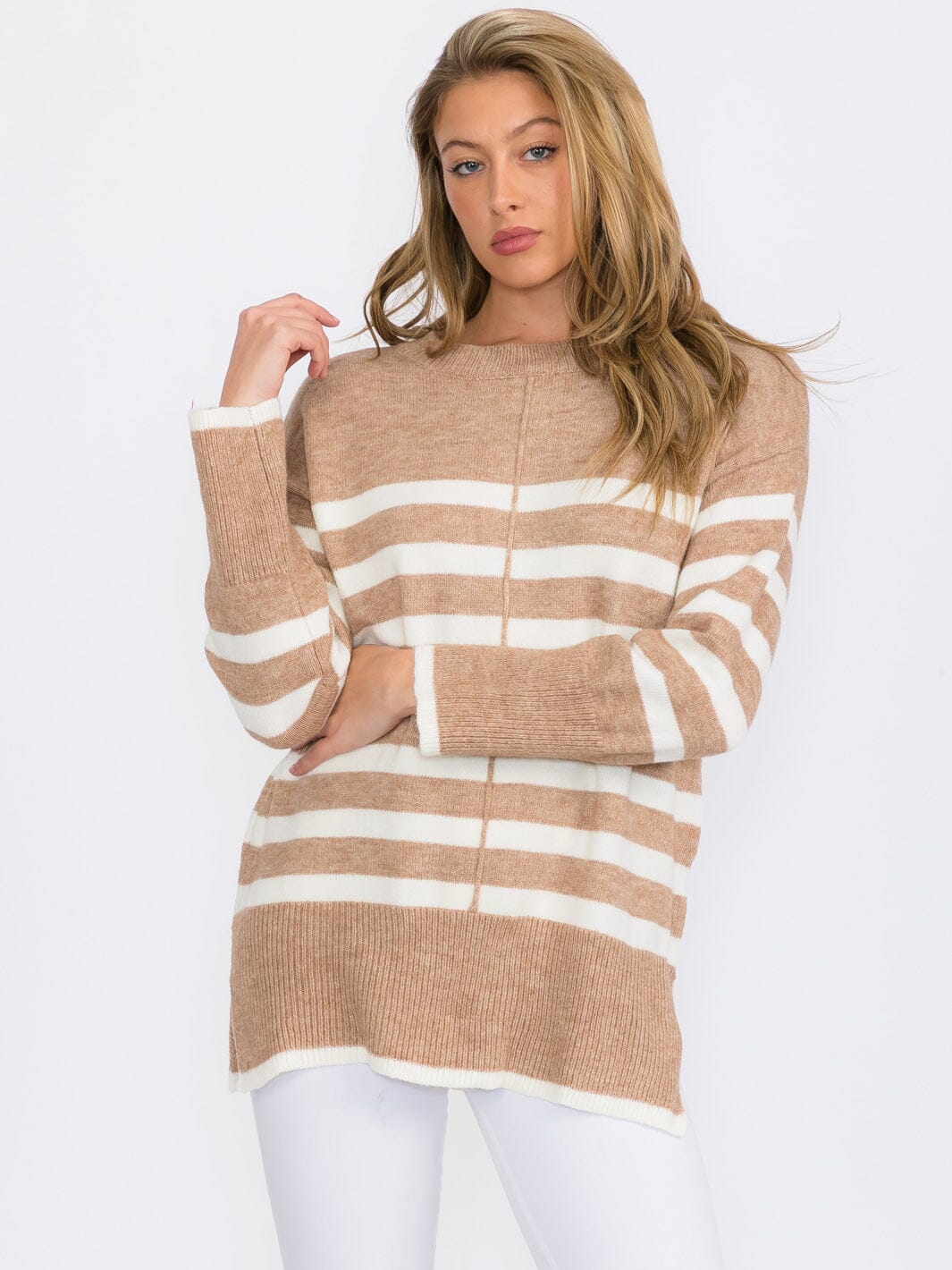 WOMEN'S LONG SLEEVE COLORBLOCK STRIPES PULLOVER SWEATER